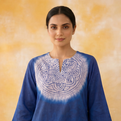 Women's Premium Blue Cotton Tie-Dye Embroidered Kurta
