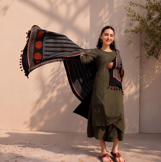 Women's Olive Green Cotton Kurta Set with Designer Dupatta