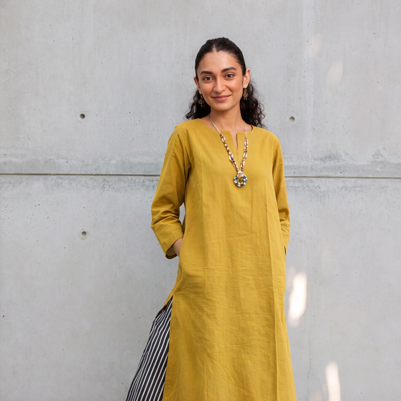 Mustard Yellow Straight Kurta with Striped Palazzo Set
