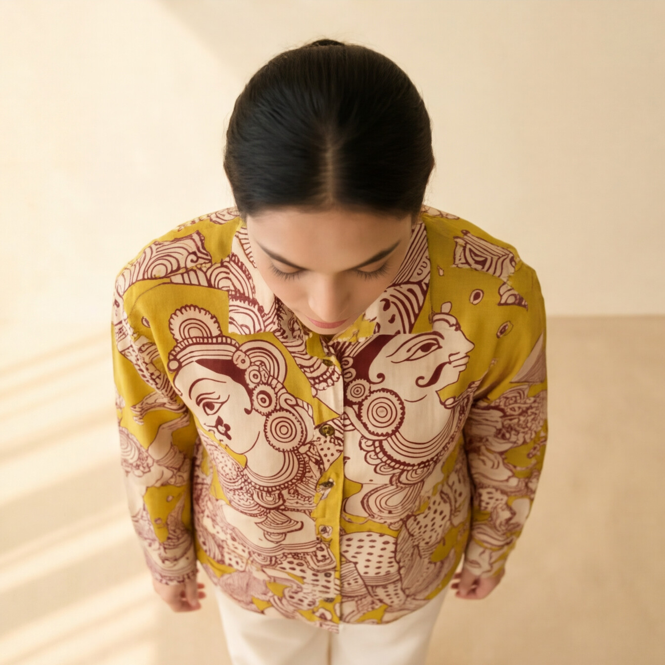 Women's Premium Mustard Yellow Printed Cotton Shirt