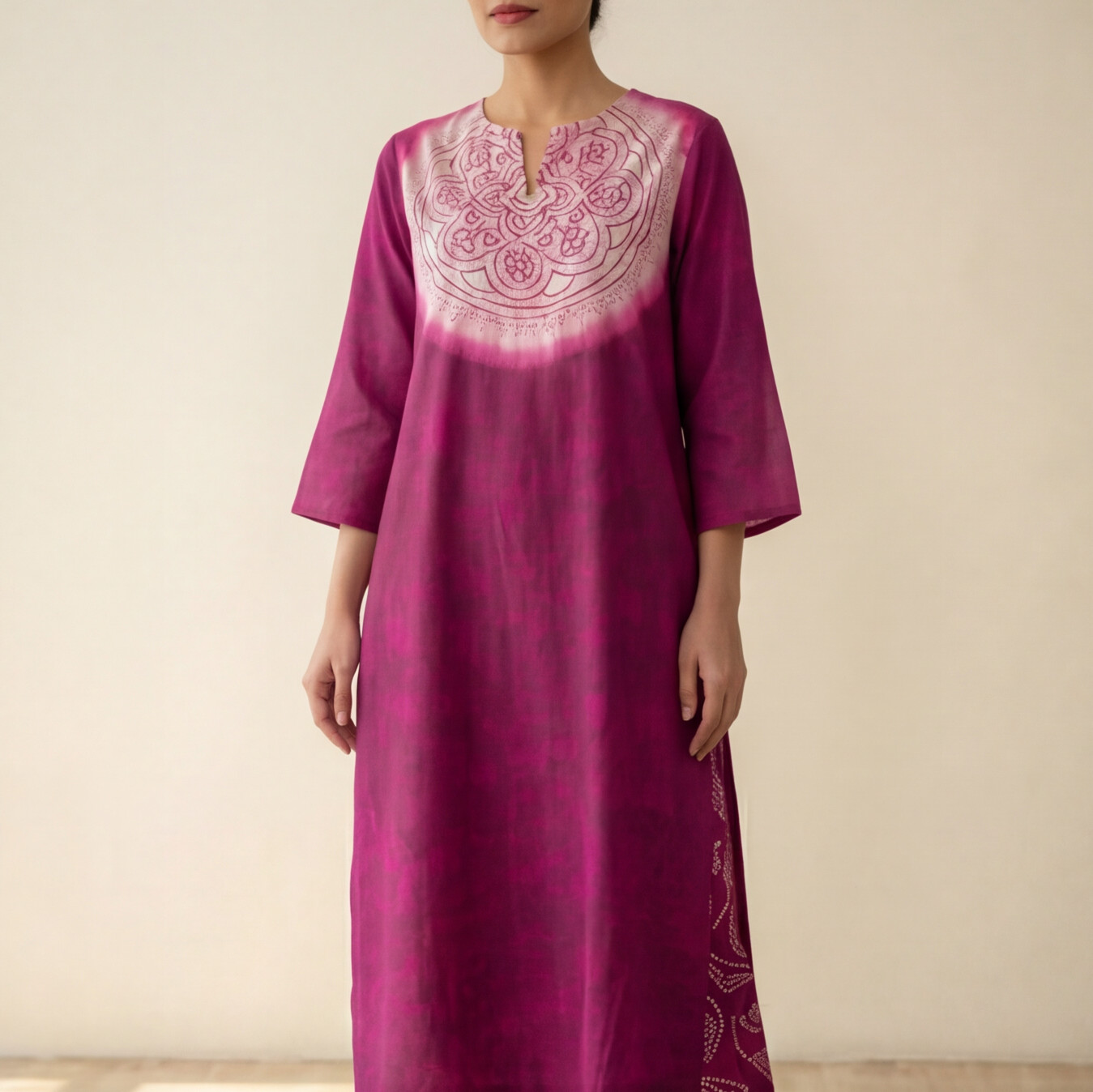 Women's Premium Magenta Cotton Tie-Dye Embroidered Kurta