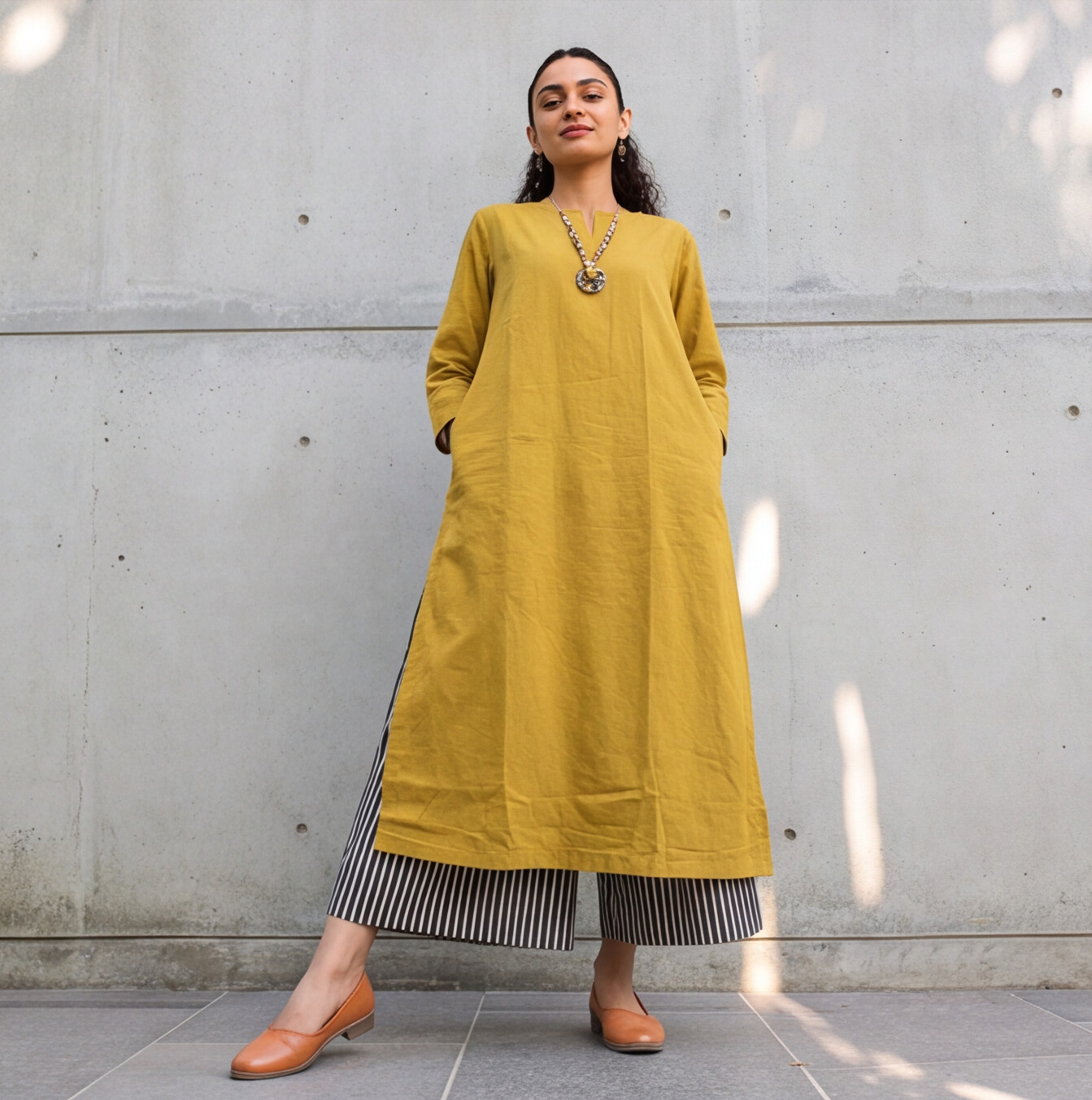 Mustard Yellow Straight Kurta with Striped Palazzo Set