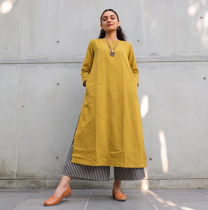 Mustard Yellow Straight Kurta with Striped Palazzo Set