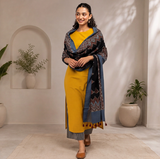 Women's Mustard Straight Kurta Set with Printed Dupatta