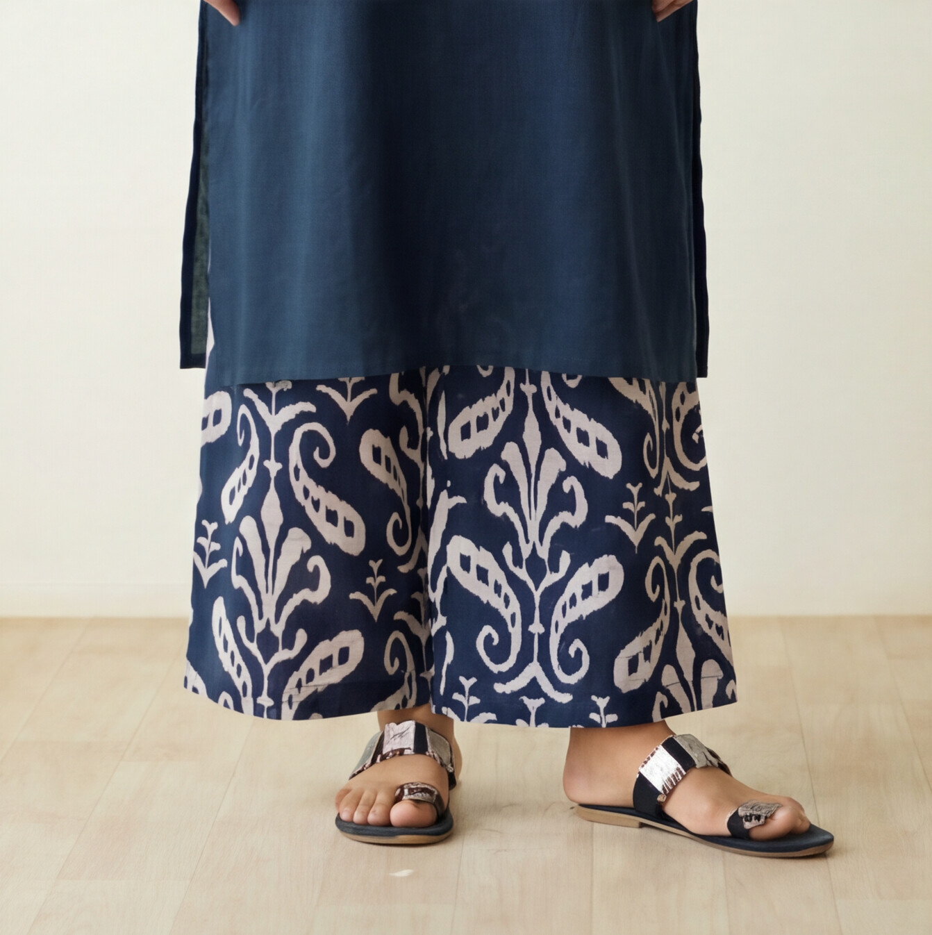 Slate Blue Botanical Print Pleated Dress