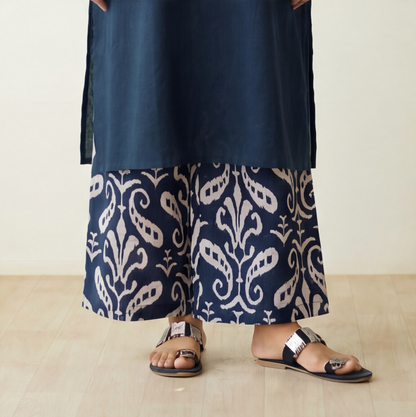 Slate Blue Botanical Print Pleated Dress