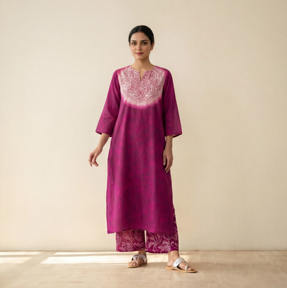 Women's Premium Magenta Cotton Tie-Dye Embroidered Kurta