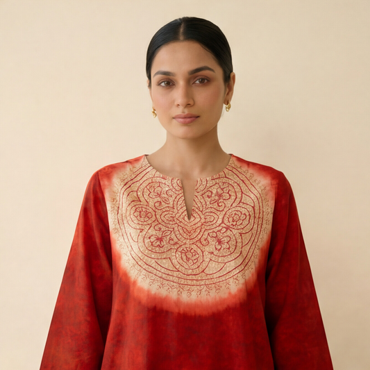 Women's Premium Red Cotton Tie-Dye Embroidered Kurta