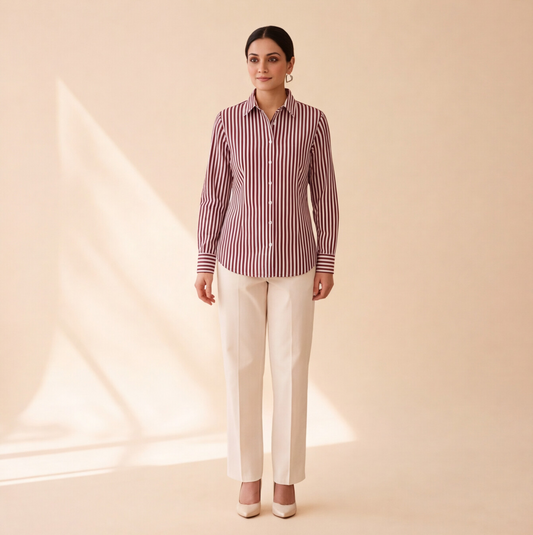 Women's Maroon & White Striped Casual Shirt – Product Description (Shirt Only)