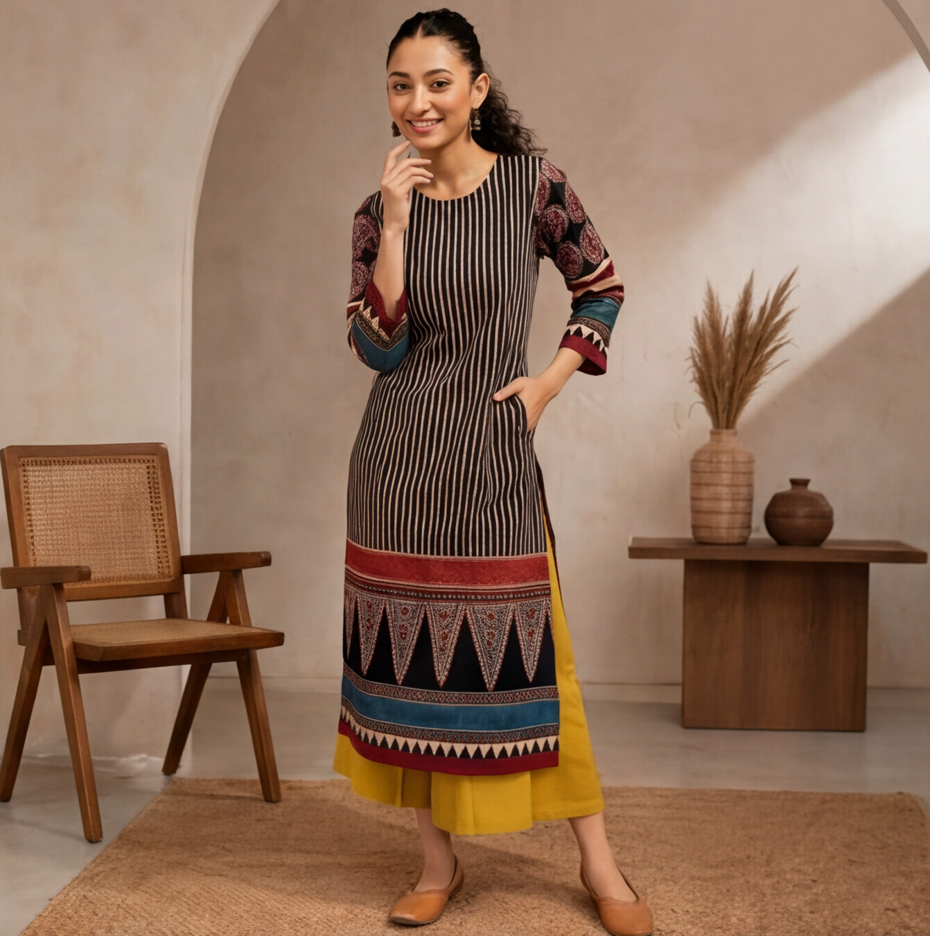 Women's Black Geometric Printed Straight Kurta Set
