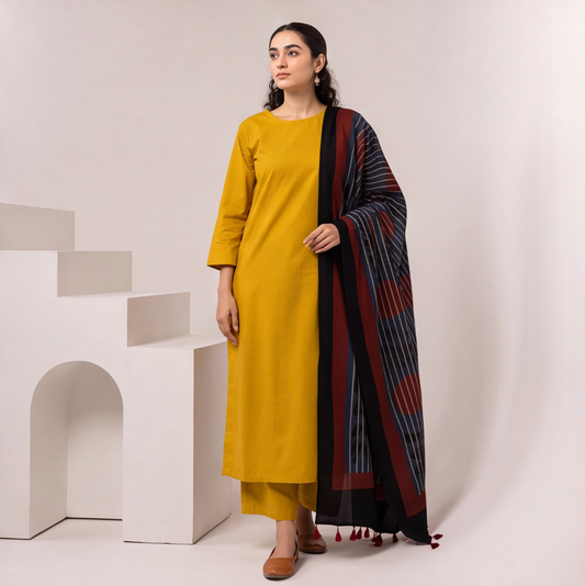 Mustard Yellow Kurta Set with Printed Dupatta