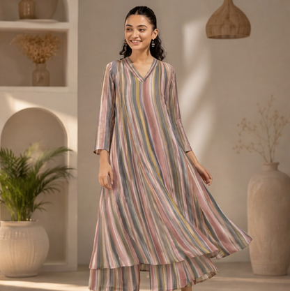 Women's Pastel Stripe A-Line Kurta Set